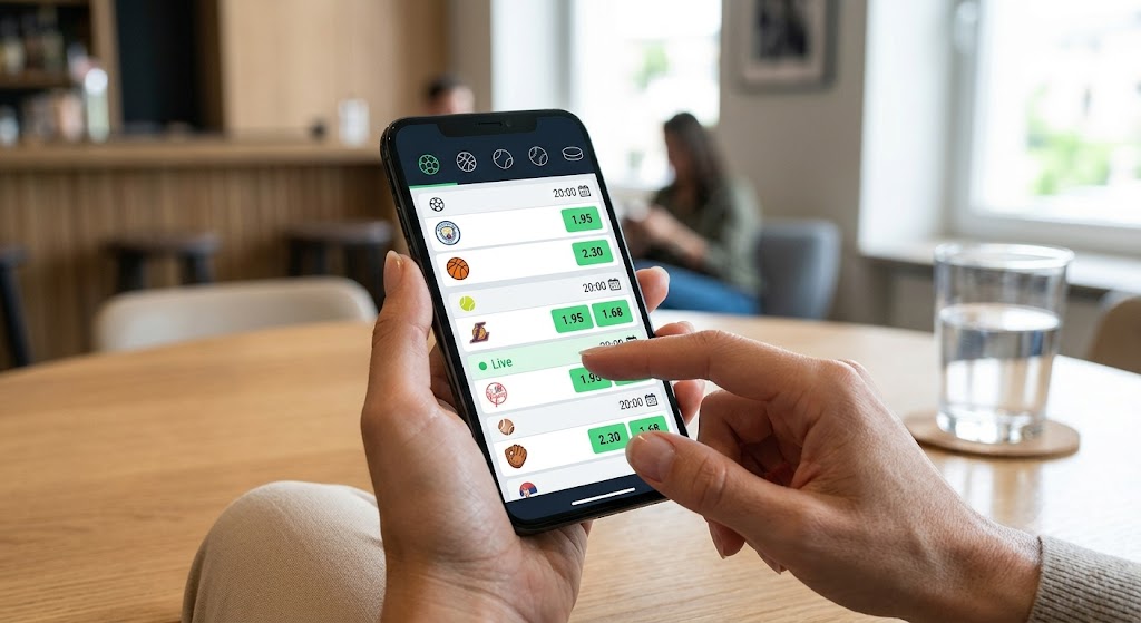 A person using a mobile phone to build a multi-bet on a sports app in a modern living room setting.