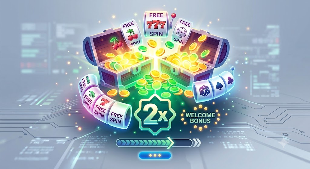 A graphic representation of a casino welcome bonus concept with glowing digital coins and free spins icons.