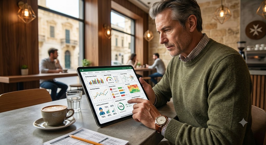 An experienced punter looking at a digital tablet showing horse racing form guides and statistics in a modern cafe setting.