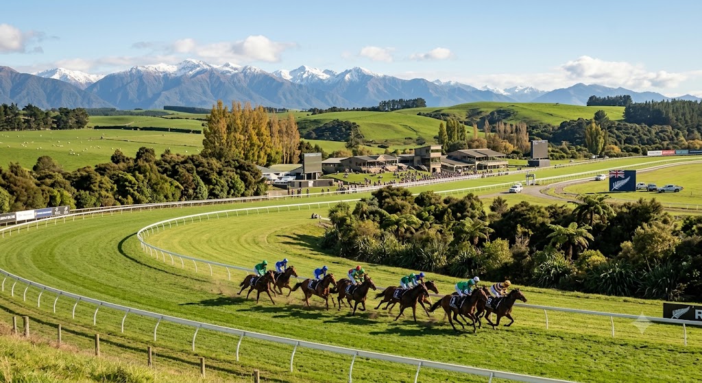A scenic view of a professional horse racing track in New Zealand with horses rounding a turn during a race.