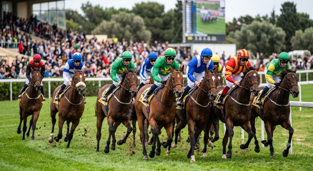 A vibrant close-up shot of jockeys and thoroughbreds racing around the final bend of a grassy track.