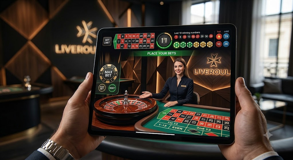 A high-definition view of a live dealer roulette table on a digital tablet, set against a stylish dark background.