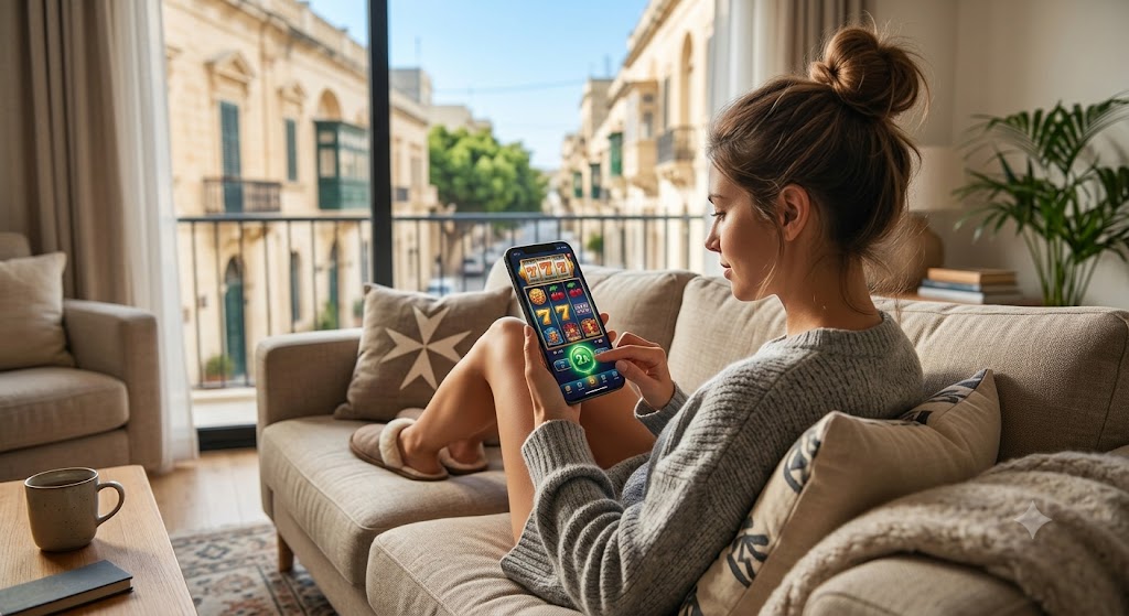 A person comfortably playing casino games on a smartphone while sitting on a sofa.