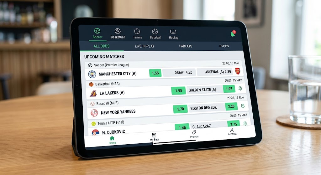 A close-up view of a tablet displaying competitive sports betting odds on a clean, modern interface.