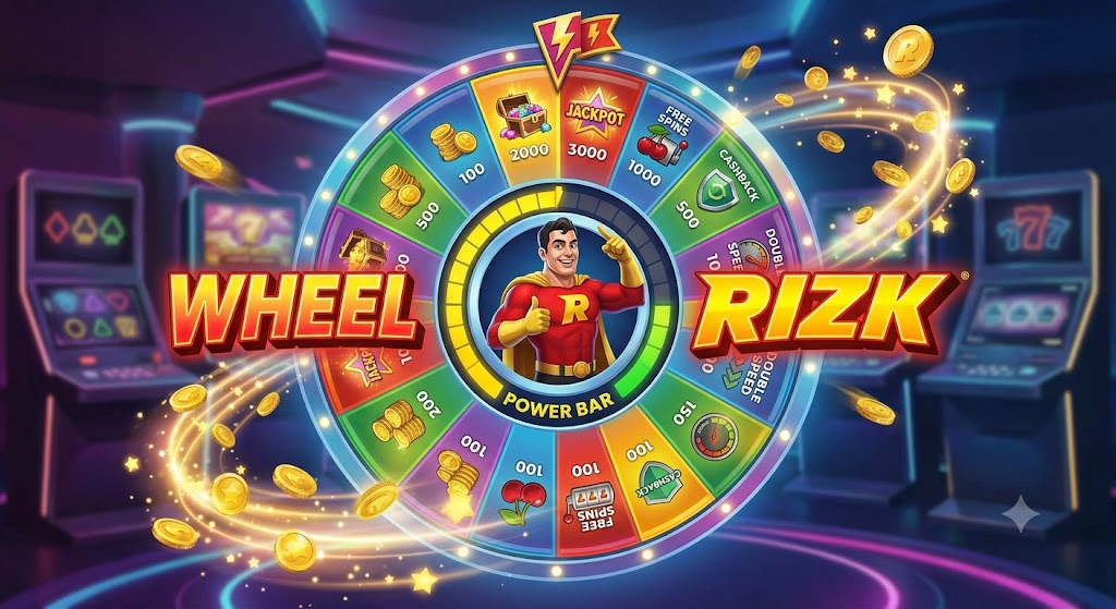 A vibrant, digital representation of the Wheel of Rizk featuring colourful prize segments and gaming iconography.