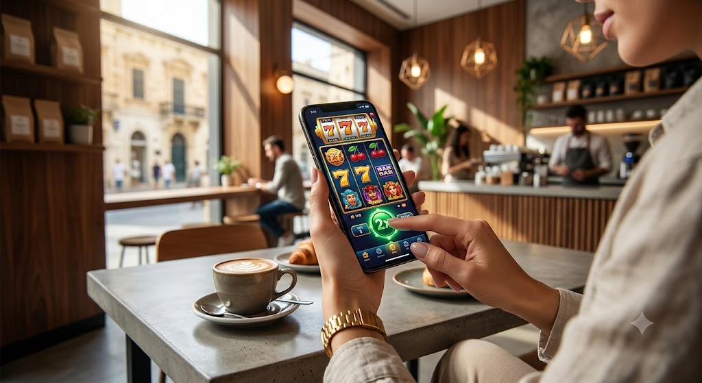 A high-end smartphone displaying an online casino slot game, held by a person in a modern cafe environment.