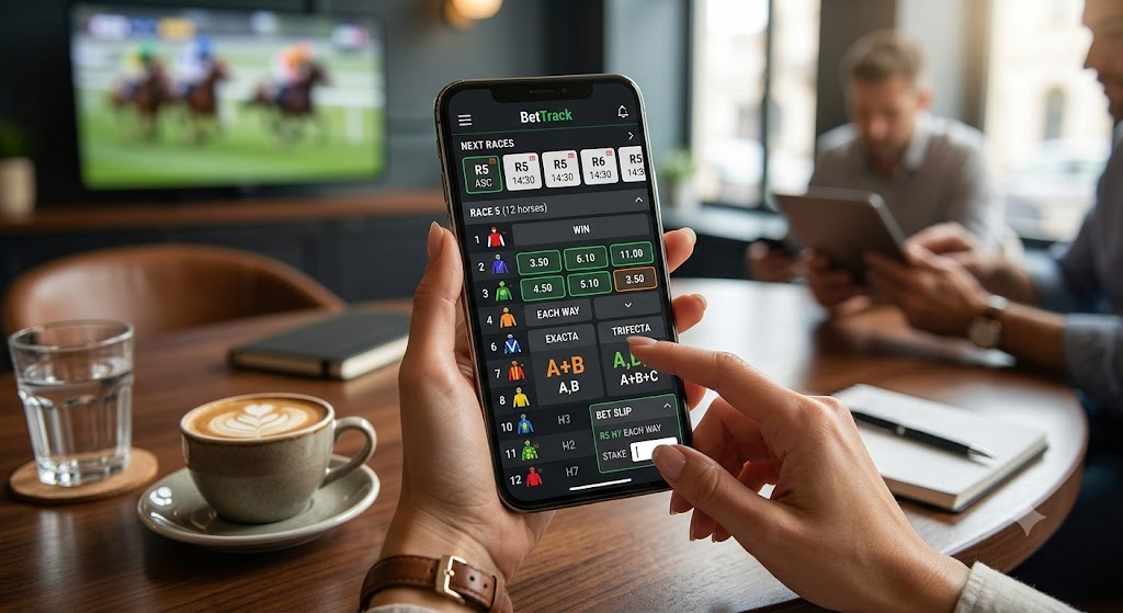 A person’s hands holding a smartphone displaying a detailed horse racing betting interface with various wager types.
